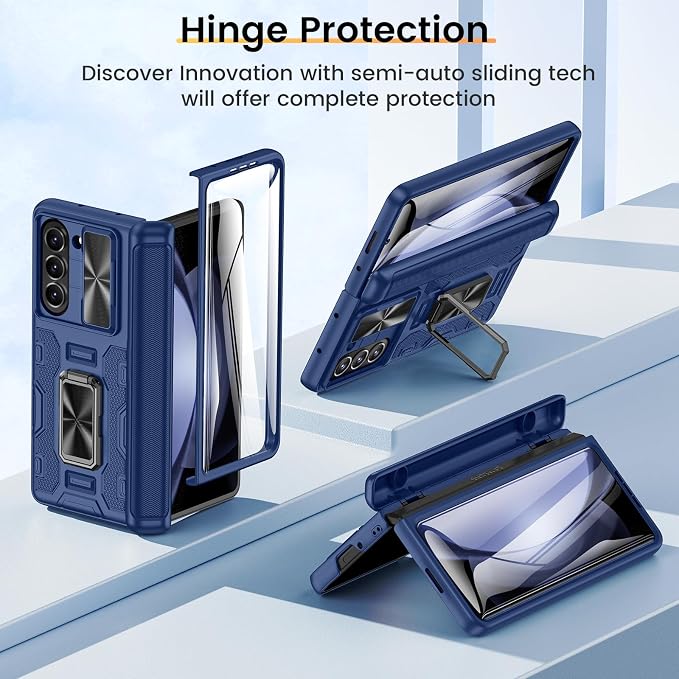VEGO for Samsung Fold 5 Case with Hinge Protection&Slide Camera Cover,Blue | Built-in 360° Magnetic Ring Stand, Screen Protector, Shockproof Protective for Samsung Fold 5 5G 2023