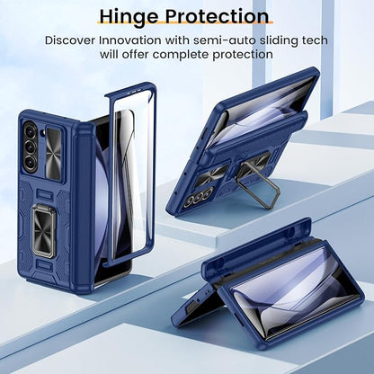 VEGO for Samsung Fold 5 Case with Hinge Protection&Slide Camera Cover,Blue | Built-in 360° Magnetic Ring Stand, Screen Protector, Shockproof Protective for Samsung Fold 5 5G 2023