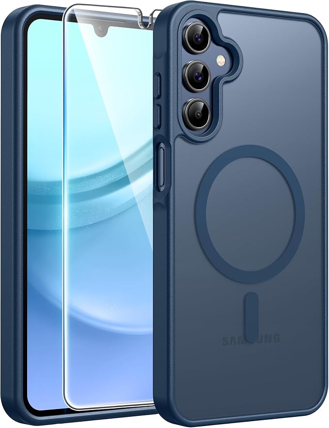 FNTCASE for Galaxy A15 5G Phone Case, Screen Protector, Blue | Translucent Matte Magnetic Back, 14FT Military Grade Drop Protection, Shockproof Protective, for Samsung A 15 Cover