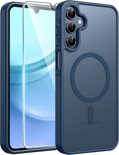 FNTCASE for Galaxy A15 5G Phone Case, Screen Protector, Blue | Translucent Matte Magnetic Back, 14FT Military Grade Drop Protection, Shockproof Protective, for Samsung A 15 Cover