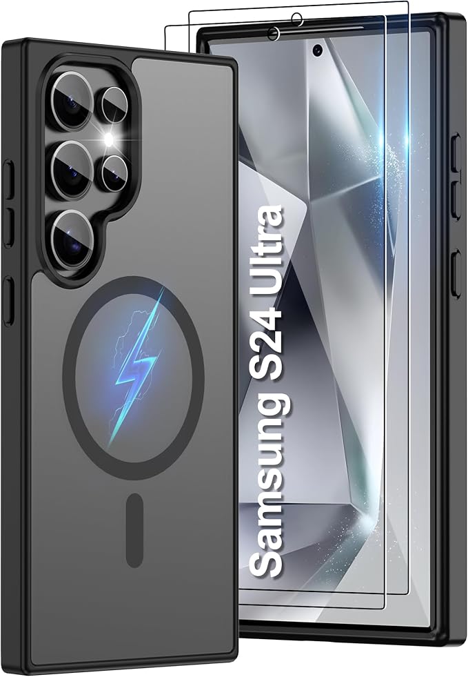 For Samsung Galaxy S24 Ultra Case [Compatible with Magsafe] Translucent Matte Magnetic S24 Ultra Phone Case,SlimThin Duty Shockproof Protection Cover with 2pc HD Screen Protector for S24 Ultra-Black