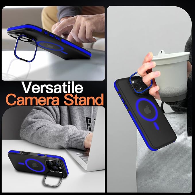 Magnetic case for iPhone 16 Pro [10Ft Military-Grade Protection] Built-in Camera Stand Phone case, Compatible with fit MagSafe Shockproof Slim Thin Cover 6.3 inch,Blue Bumper Stand