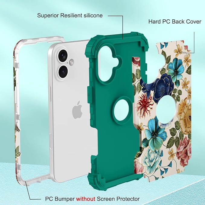 Hocase for iPhone 16 Plus Case 6.7", Heavy Duty Shockproof Protection Soft Silicone Rubber+Hard Plastic Bumpers Hybrid Protective Case for iPhone 16 Plus 2024 - Teal Flowers