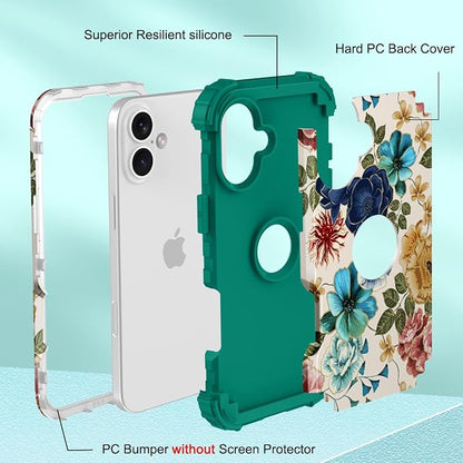 Hocase for iPhone 17 Case 6.3", Heavy Duty Shockproof Protection Soft Silicone Rubber+Hard Plastic Bumpers Hybrid Protective Case for iPhone 17 2025 - Teal Flowers
