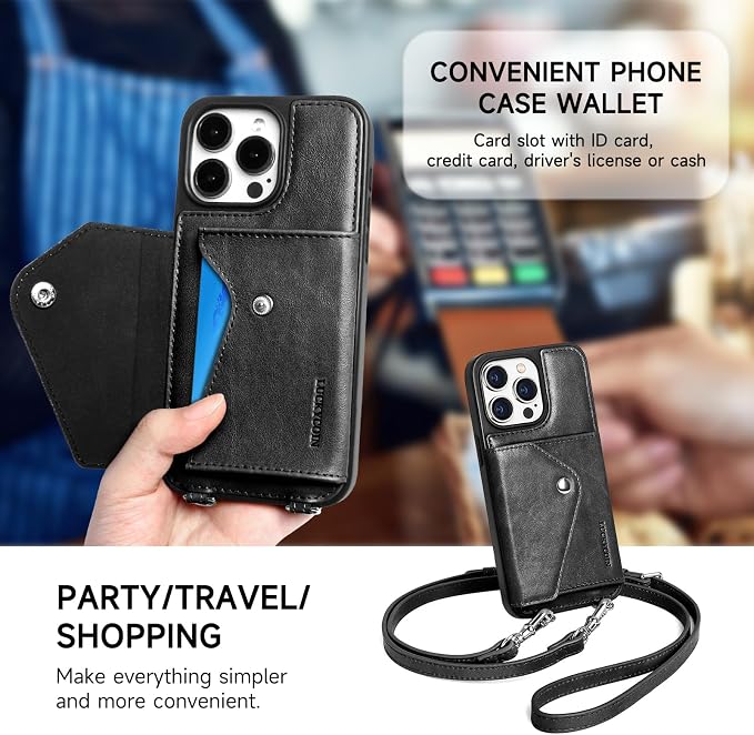 LUCKYCOIN for iPhone 15 Pro Max Crossbody Wallet Case – Genuine Leather Phone Purse with Adjustable Strap and Card Holder,Lanyard Phone Purse Case for Women,Vintage Black