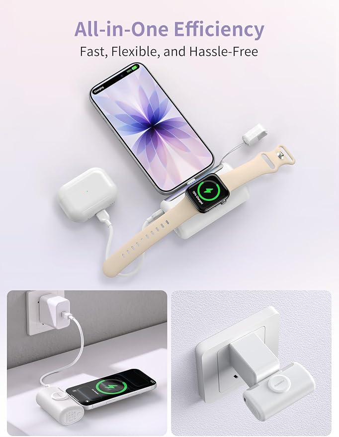 RORRY PalmGo Portable Charger Power Bank 10000mAh 3-in-1 Mini Battery Pack | Built-in USB-C Connector, 22.5W Fast Charging, for iPhone 17/16/15, Apple Watch, iPad, Travel Essential, Pocket Size