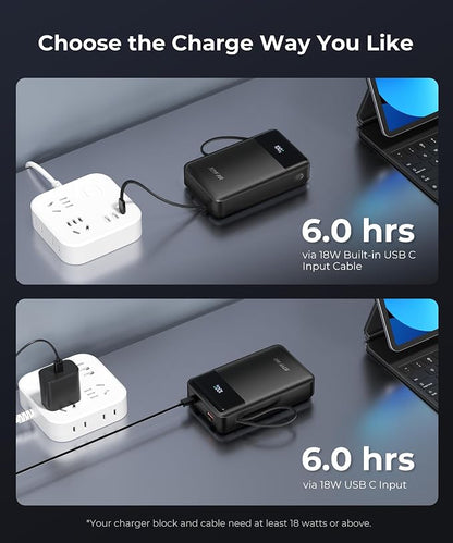 Portable-Charger-Power-Bank Travel Essentials Battery Pack USB C 30000mAh Built in Cable 22.5W Phone Fast Charging Powerbank Compatible with iPhone 16 15 14 13 12 11 iPad Samsung Google (Black)