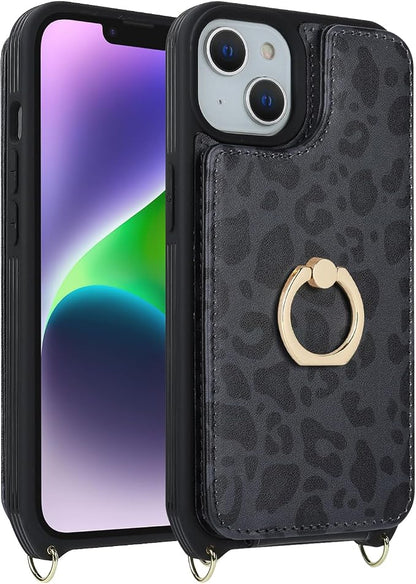 Lipvina for iPhone 14 Plus Case with Card Holder and Strap for Women,Crossbody Lanyard,RFID Blocking,Stand Ring Kickstand,Snap Clasp,Cute Phone Wallet Cases 6.7 inch - Black Leopard