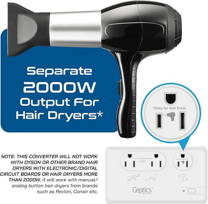 Ceptics 2000W Voltage Converter for Travel, 220V to 110V Converter w/Type C, E/F, G, I Plugs, 2000W Hair Dryer Outlet, 4 USB w/ 1 USB-C PD 18W Fast Charge