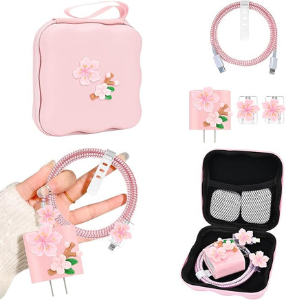 CameCosy Phone Charger Storage Case Cover Sets with Cute Cable Protector for iPhone Charger, Wave Travel Storage Bag, Earphone Wire Saver Cable Organizer Soft Cute Cable Protector (Pink Flowers)