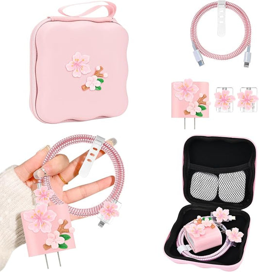 CameCosy Phone Charger Storage Case Cover Sets with Cute Cable Protector for iPhone Charger, Wave Travel Storage Bag, Earphone Wire Saver Cable Organizer Soft Cute Cable Protector (Pink Flowers)