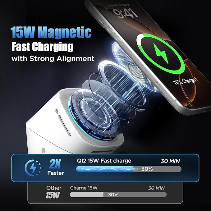 3 in 1 Wireless Charging Station for iPhone 17/16/15/14/13/12 Pro Max, Qi 2 Certified 15W Fast Magnetic Charger Stand for Magsafe Phone, AirPods, Smart Watch (White Color)