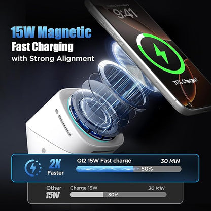 3 in 1 Wireless Charging Station for iPhone 17/16/15/14/13/12 Pro Max, Qi 2 Certified 15W Fast Magnetic Charger Stand for Magsafe Phone, AirPods, Smart Watch (White Color)