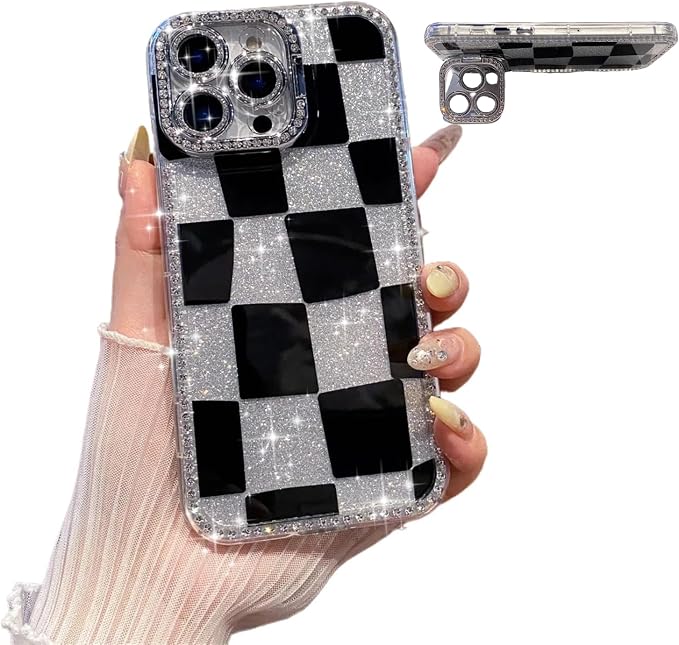 for iPhone 16 pro max Case Glitter Camera Lens Protector Phone Case for Women Girls Aesthetic Design TPU Shockproof Protective Case (Checkered)