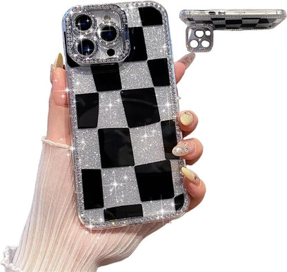 for iPhone 16 pro max Case Glitter Camera Lens Protector Phone Case for Women Girls Aesthetic Design TPU Shockproof Protective Case (Checkered)