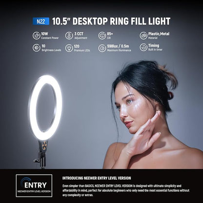 NEEWER Entry Level Version 10.5" Desk Ring Light with Stand/Phone Holder Compatible with iPhone/Remote, 10W CRI85+ LED Lighting for Streaming Recording Makeup Selfie Laptop Video Conference, N22