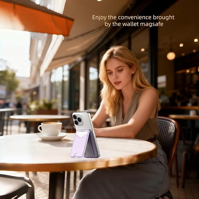 Upgraded for Magsafe Wallet, Strong Magnetic Phone Wallet with Adjustable Stand, Built in Makeup Mirror, 5 Card Holder, Rfid Blocking (Light Purple Fold)