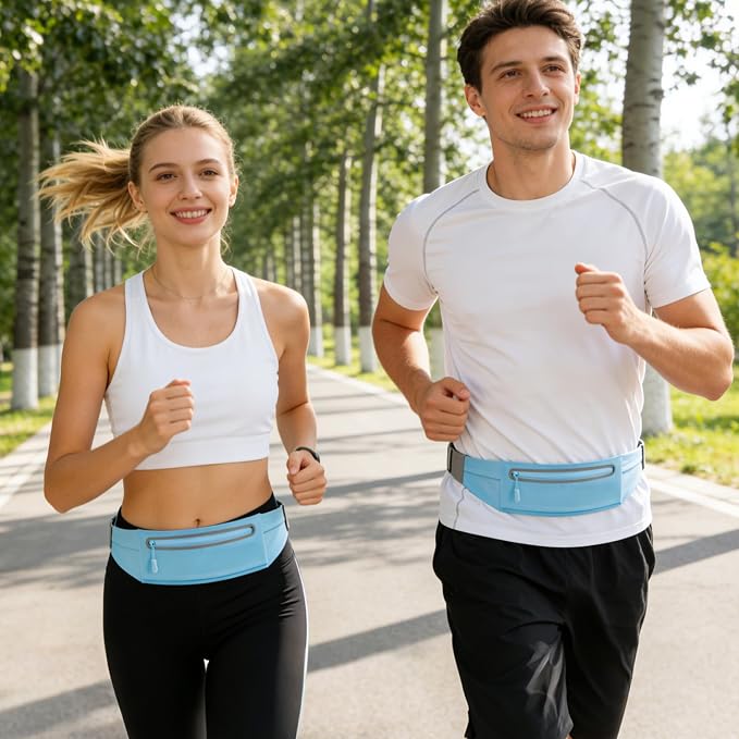 Slim Running Belt for Men Women - No-Bounce Phone Holder Waist Pack, Runners Fanny Pack with Sweat-Proof Pocket ，Travel Money Pouch for Gym/Hiking/Cycling (Light Blue)