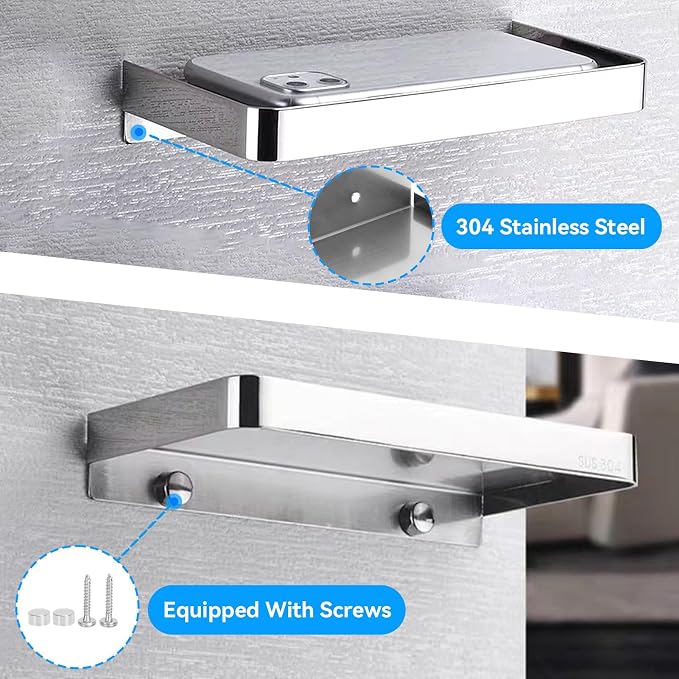 Cyrank Bathroom Cell Phone Shelf, Stainless Steel Wall Mount Toilet Phone Holder Bathroom Wall Shelf Small Floating Shelves Wipes Holder for Toilet