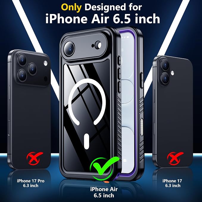 SPIDERCASE Magnetic for iPhone Air Case Waterproof, Built-in Lens & Screen Protector,[IP68 Underwater][15FT Military Shockproof] [Dustproof] Full Body Protection Cover for iPhone 17 Air 6.5’’,Purple