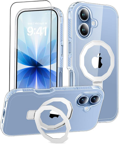 for iPhone 17 Case with Screen Protector, Built-in Seamless Stand, [Compatible with MagSafe] Protective Shockproof Phone Case, Magnetic Slim Cover for iPhone 17 6.3 Inch - Clear