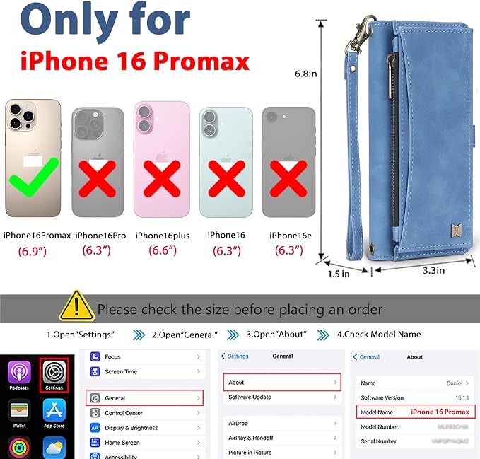 Wallet Case for iPhone 16 Pro Max with Card Holder/Crossbody Wallet/Strap| RFID Blocking | Magnetic | Kickstand | Detachable | PU Leather Phone Case for iPhone 16 Pro Max,6.9 in,Sky Blue