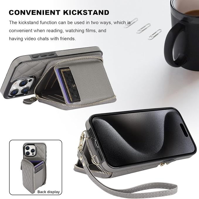 Bocasal Crossbody Wallet Case for iPhone 15 Pro Max, RFID Blocking PU Leather Zipper Handbag Purse Flip Cover, Kickstand Folio Case with Card Slots Holder Wrist Strap Lanyard 5G 6.7 Inch (Grey)