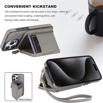 Bocasal Crossbody Wallet Case for iPhone 15 Pro Max, RFID Blocking PU Leather Zipper Handbag Purse Flip Cover, Kickstand Folio Case with Card Slots Holder Wrist Strap Lanyard 5G 6.7 Inch (Grey)