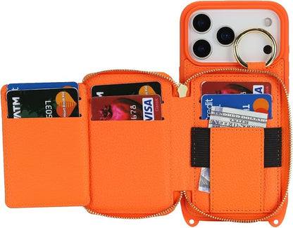 Crossbody Wallet Case for iPhone 17 Pro Max, PU Leather Zipper Handbag Purse Flip Cover, Kickstand Folio Case with Card Slots Holder Wrist Strap Lanyard 5G 6.9 Inch-Orange