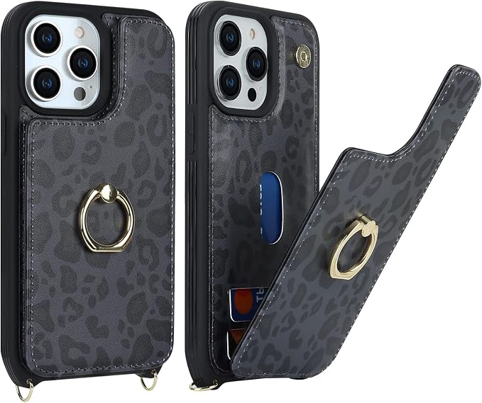 Lipvina for iPhone 12/12 Pro Case with Card Holder and Strap for Women,Crossbody Lanyard,RFID Blocking,Kickstand Ring Stand,Snap Clasp,Cute Phone Wallet Cases 6.1 inch(Black Leopard)