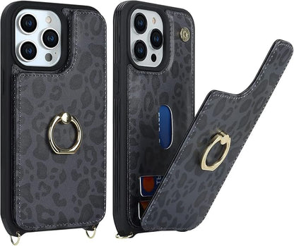 Lipvina for iPhone 12/12 Pro Case with Card Holder and Strap for Women,Crossbody Lanyard,RFID Blocking,Kickstand Ring Stand,Snap Clasp,Cute Phone Wallet Cases 6.1 inch(Black Leopard)