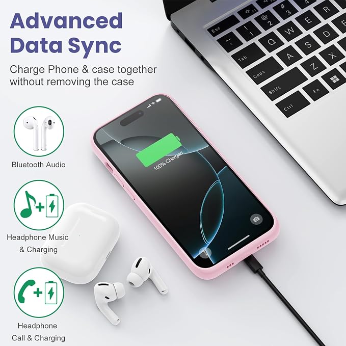 Battery Case for iPhone 16 Pro, Upgraded 7500mAh Portable Charging Case, Ultra-Slim Lightweight Powerful Extended Battery Pack for iPhone 16 Pro (6.3 inch)-Pink