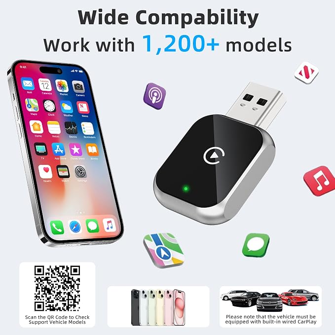 Mini Wireless Carplay Adapter for iPhone - Carplay Wireless Adapter Car Play Dongle, Wired to Wireless, Compatible with iPhone iOS 10+, Silver