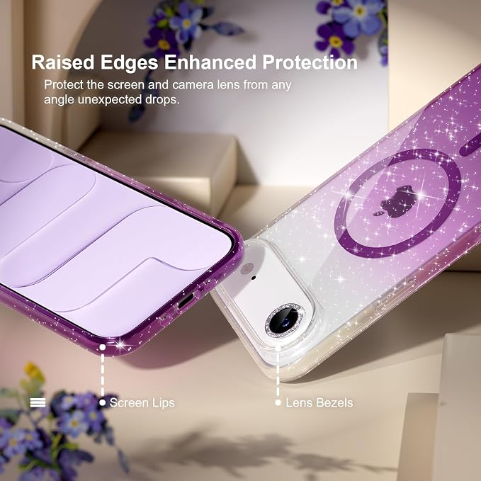 Choiche Magnetic for iPhone 17 Air Case Compatible with MagSafe, Women Cute Glitter Sparkly Phone Case with Diamond Camera Lens Protectors, Military-Grade Drop Protection 6.5" (Clear/Purple)