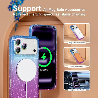 Choiche Magnetic for iPhone 17 Pro Case Compatible with MagSafe, Women Cute Glitter Sparkly Phone Case with Diamond Camera Lens Protectors, Military-Grade Drop Protection 6.3" (Blue/Purple)