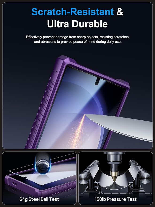 Vihibii for Samsung Galaxy S23 Ultra Case with Card Holder (4 Cards), Built-in 2X Tempered Glass Screen Protector & Slide Lens Cover & Stand, Rugged & Shockproof Phone Case for S23 Ultra, Dark Purple