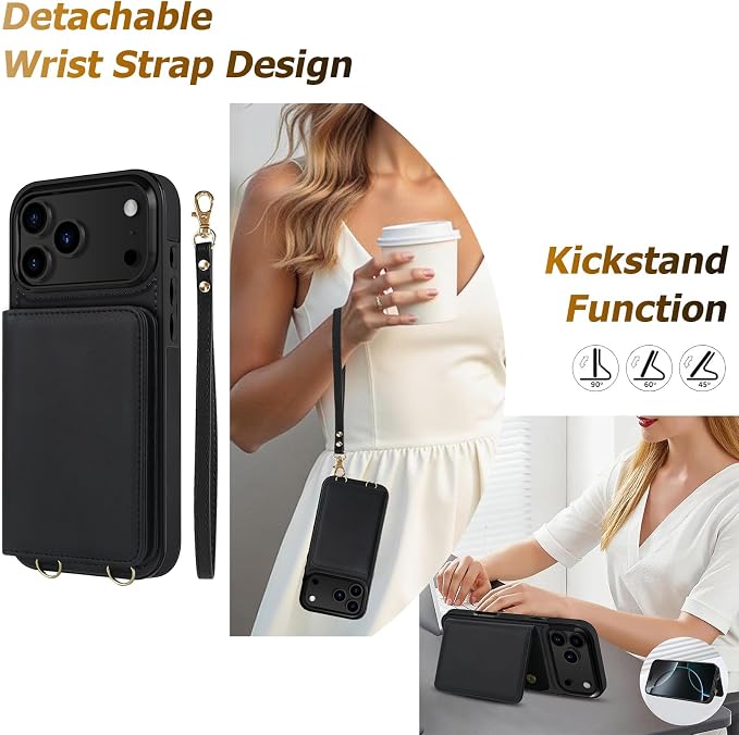 LOHASIC for iPhone 17 Pro Case Wallet with Detachable Crossbody Strap & Wrist Lanyard, RFID Blocking, 4 Card Slots 2 Cash Pockets, Vegan Leather Case with Card Holder for Women Girls, Black