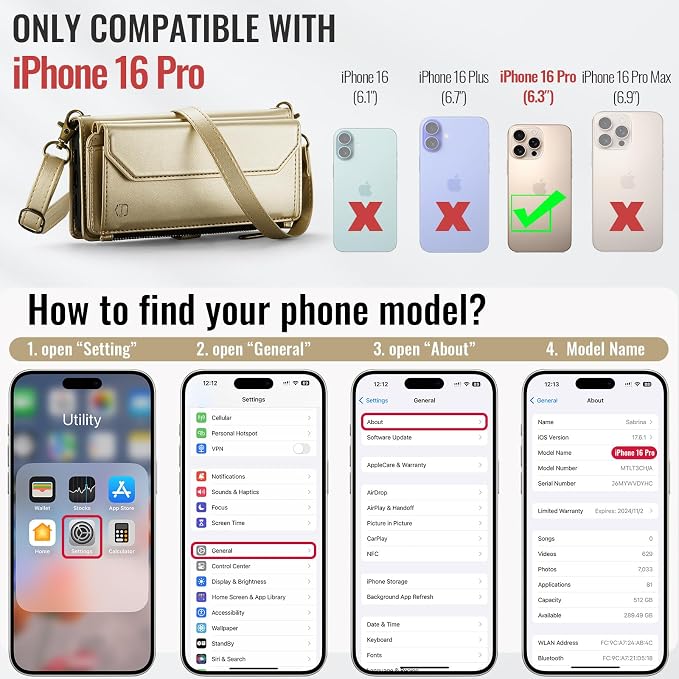 Strapurs Wallet Case Compatible with iPhone 16 Pro 6.3" RFID Blocking 10-Card Holder Soft PU Leather Magnetic Snap Shoulder Strap Zipper Pocket Phone Case Fit for iPhone 16 Pro for Women - Gold