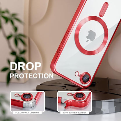 Misea Magnetic for iPhone 17e / 16e Case Compatible with MagSafe [Never Yellowing] [Military Grade Drop Protection] Full Camera Lens Protector Plating Soft Clear Phone Case for Women 6.1 inch, Red