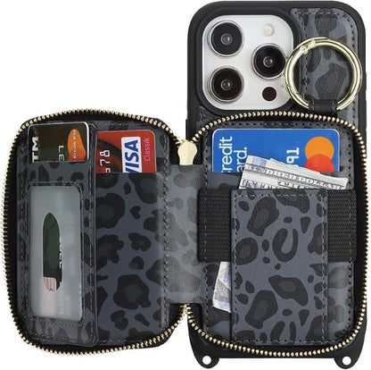 Crossbody Wallet Case for iPhone 14 pro, PU Leather Zipper Handbag Purse Flip Cover, Kickstand Folio Case with Card Slots Holder Wrist Strap Lanyard 5G 6.1 Inch-Black Leopard