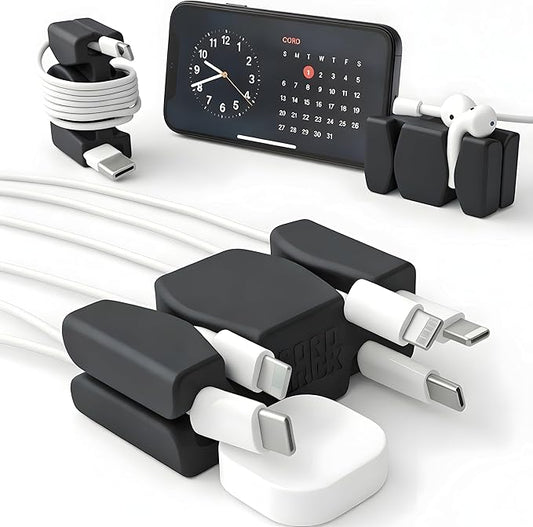 CordBrick Silicone & Steel Weighted Cord Holder for Nightstand. Travel Phone Charger Organizer. Useful iPhone Accessory. Small Gift for Guys, College Students. Tech Gadget for Teens, Men. Black