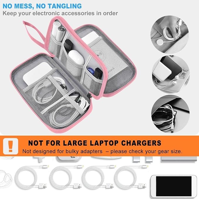 ZINMARK Portable Cable Organizer Case,Travel Pouch with Double-Layer Storage for Cables,Chargers,Earbuds & Phone,Pink