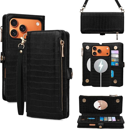 Crossbody Wallet Case for iPhone 17 Pro Max with Mirror, Wrist Strap, Detachable Zipper Purse, Magnetic Flip RFID Blocking Card Holder, Wireless Charging Case 6.9" Women (Textured Black)