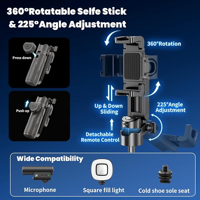 Selfie Sticks for iPhone, 4-in-1 Multi-Functional Phone Tripod with Remote Control, Pocket-Sized Mini Selfie Stick, Suitable for Photography, Live Streaming, Outdoor Travel Essentials