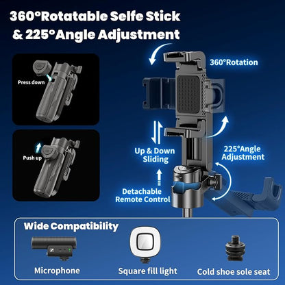 Selfie Sticks for iPhone, 4-in-1 Multi-Functional Phone Tripod with Remote Control, Pocket-Sized Mini Selfie Stick, Suitable for Photography, Live Streaming, Outdoor Travel Essentials