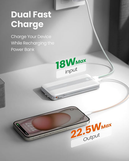 Fast Charging Power Bank, USB C Portable Charger Built-in Cables and Wall Plug, 10500mAh 22.5W 4 Outputs 3 Inputs LED Display External Battery Pack Compatible with iPhone/Android (White)