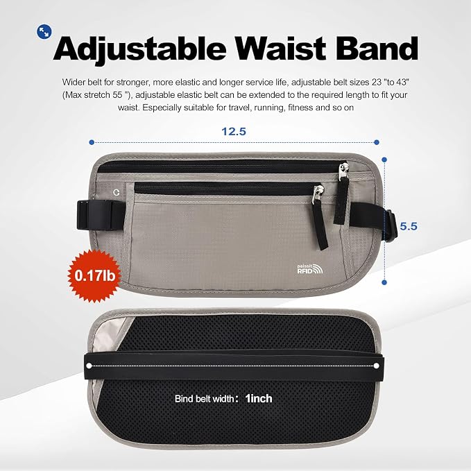 Unisex Money Belt For Men and Women, Slim Passport Holder RFID Blocking Travel Essentials Pouch with Adjustable Strap Small Waist Pouch for Workout Running Travelling Hiking, Light Grey