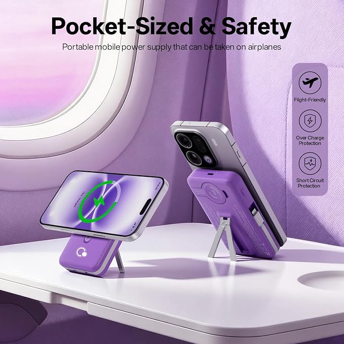 Q Magnetic Wireless Portable Charger 10,000mAh, Travel Essentials Power Bank with Built-in Cables & Foldable Stand, External Battery Pack Compatible with iPhone 17/16/15/14/13/12, Apple Watch
