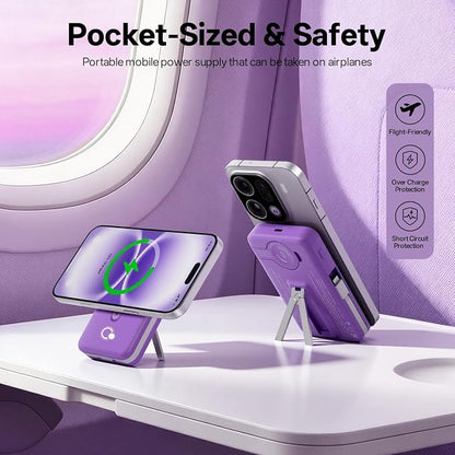 Q Magnetic Wireless Portable Charger 10,000mAh, Travel Essentials Power Bank with Built-in Cables & Foldable Stand, External Battery Pack Compatible with iPhone 17/16/15/14/13/12, Apple Watch