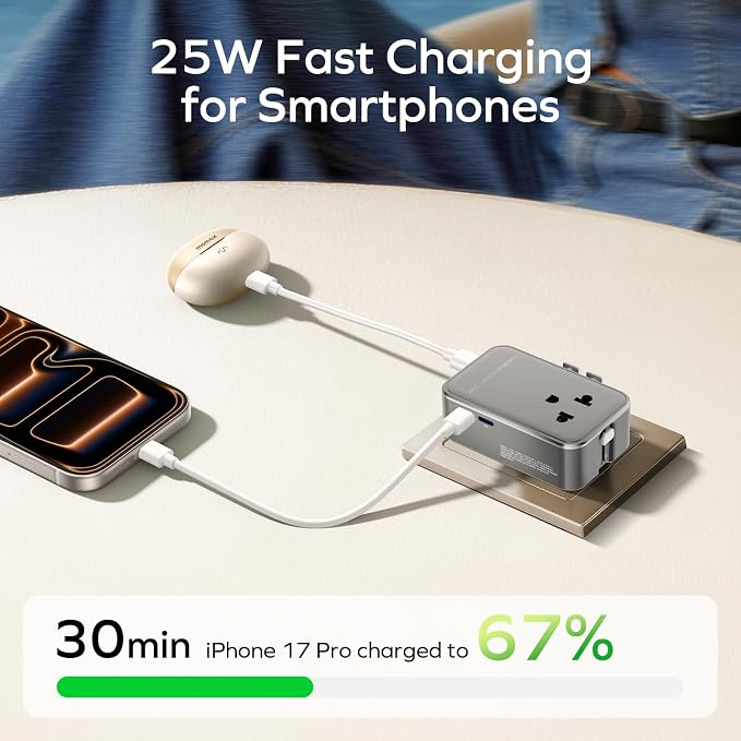 MOMAX 1-World Pocket Universal Travel Adapter – Ultra-Thin, Stylish & Mini GaN Charger, 25W Fast Charging, 5 Ports: 2 USB-C + 2 USB-A + AC, Foldable Plug, Worldwide Voltage, Misty Gray (1-Pack)